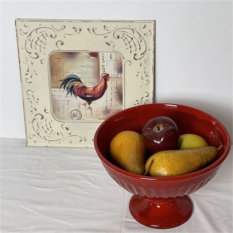 Metal Distressed Rooster Wall Hanging w/ Red Deartis Fruit Bowl w/ Faux Fruit