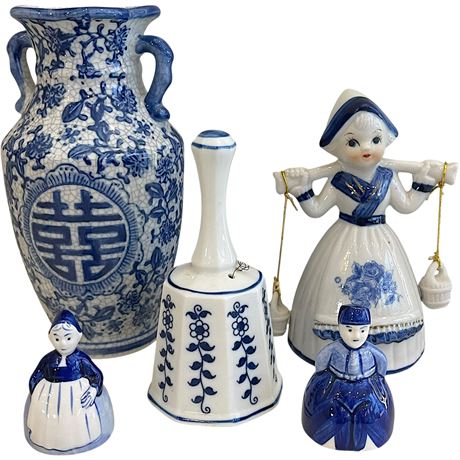 Oriental Delfts & Other Bells w/ Double Handled Vase