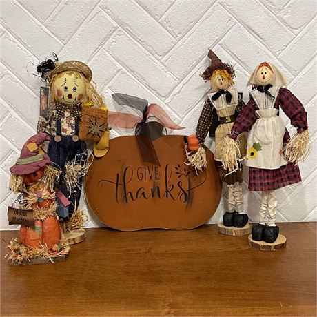 NWT Scarecrow Figurines & Wood Thanksgiving Wall Hanging Sign