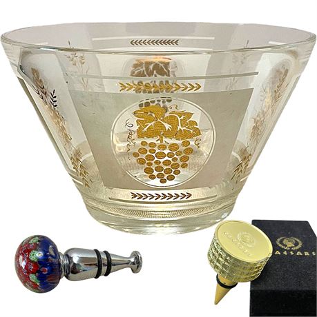 Millifiori Murano-Style & Gold Toned Caesars Wine Stoppers w/ Grape Motif Bowl
