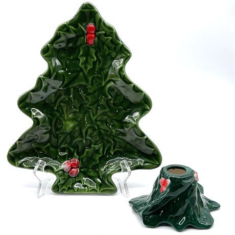 Vintage Ceramic Christmas Tree Tray and Matching Candlestick Holder