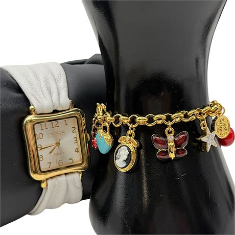 Joan Rivers Enamel & Rhinestone Charm Bracelet & Genuine Leather Wrist Watch
