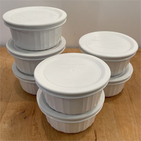 (7) Corningware 7oz French White Ramekins with Lids