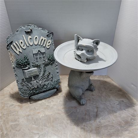 Welcome Sign and Bird Bath