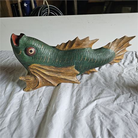 18" Green Wooden Lucky Dragon Fish Hand Carved Folk Art