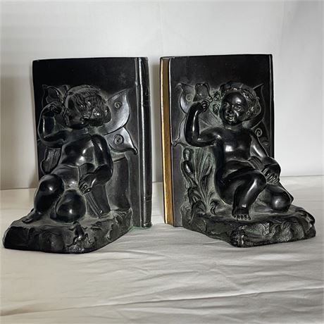 Antique Ronson Bronze "Cherub and Butterfly" Bookends
