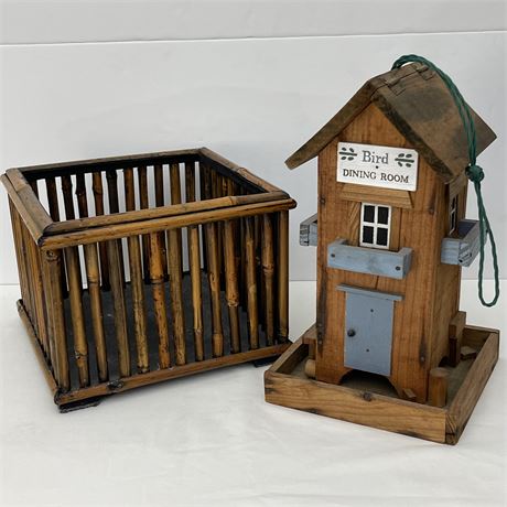 Rustic 2 Story Hanging Farmhouse Bird Feeder and Bamboo Planter Basket