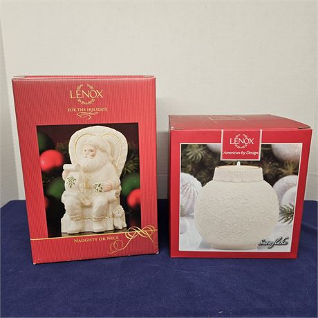 Lenox-Naughty or Nice Porcelain Santa & Snowflake Candle Voltive in Original Box