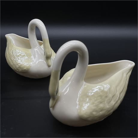 Pair of Belleek Porcelain Yellow Luster Swan Creamer Dishes