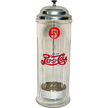 Vtg Pepsi-Cola 5 Cents Glass Straw Dispenser