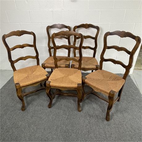 Set of 5 Vintage Ladderback Dining Chairs with Wormwood Look and Rush Seats
