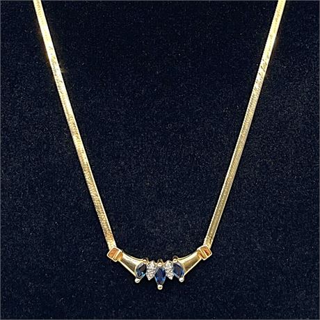 14K Gold Sapphire Diamond Pendant on 14K Gold Herringbone Chain