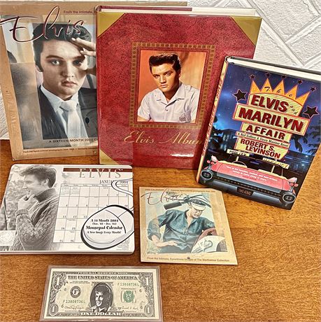 Elvis Presley Dollar Bill, 2003 & 2004 Calendars, Biography, & Album Book