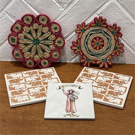 Variety of Trivets - Raffia Rattan and Tile Plates