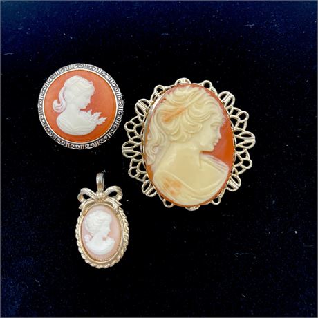 Vtg Cameo Brooch, Scarf Clip and Necklace Pendant