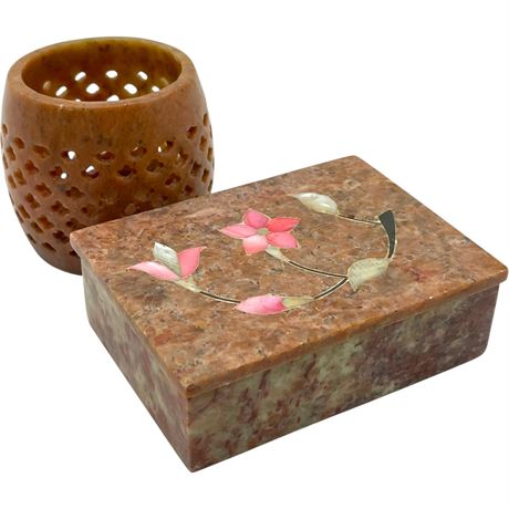 Indian Carved Soapstone Mother of Pearl Trinket Box & Soapstone Votive Holder