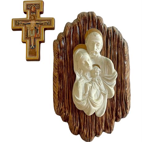 Vtg Zavoy Mold Holy Family Wall Hanging w/ 6" San Damiano Hanging Cross