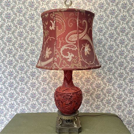Vtg Oriental Carved Lacquer & Brass Base 3-Way Table Lamp