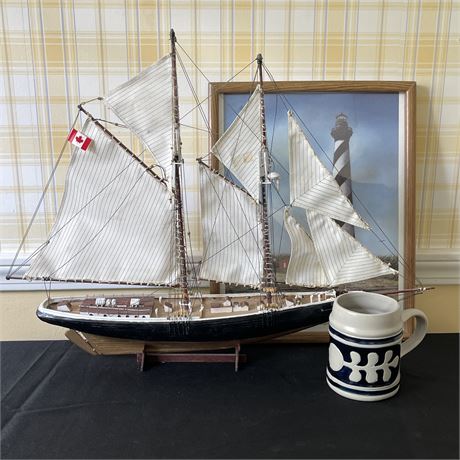 Wooden Bluenose Ship Model w/ Framed Lighthouse Print & Mug