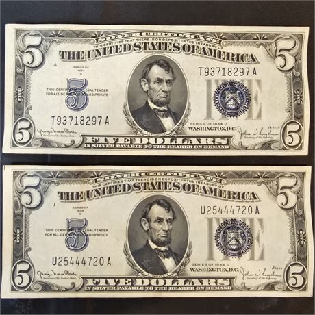 (2) 1934 D Silver Certificate $5 Dollar Bills