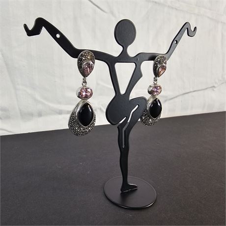 Sterling Silver Black Onyx and Pink Stone Teardrop Earrings - 0.6 oz