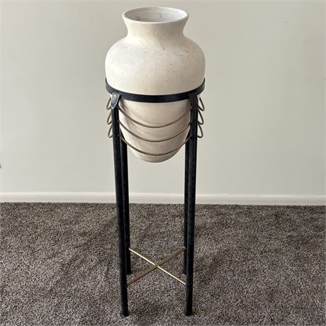 Pottery Planter on Wrought Iron Base w/ Gold-Toned Steel Wire Decorative Rungs