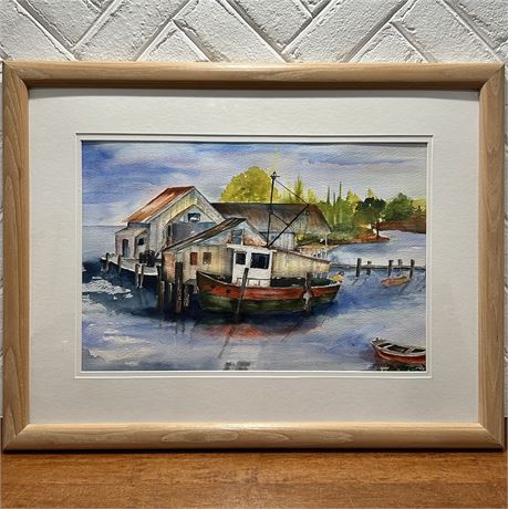 Signed Original Watercolor Waterfront Landscape Framed Painting