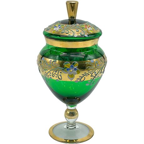Vtg Seyei Victorian Glass Emerald Painted Footed Candy Dish