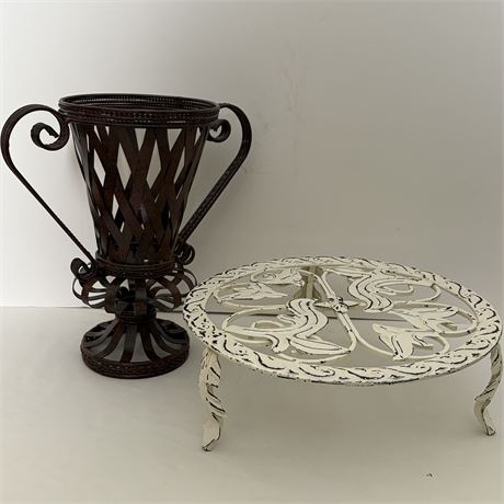 Vtg Metal Lattice Urn Planter w/ Iron Plant Stand