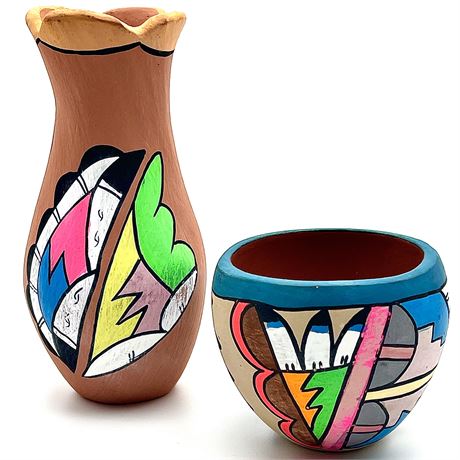 Native American Pueblo Hand-Painted Clay Pottery Vase and Seed Pot
