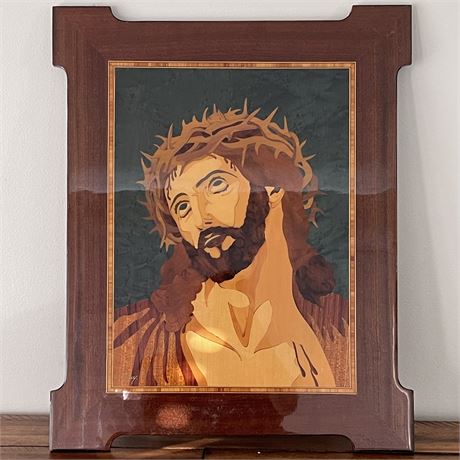 Signed Jouy Marquetry Jesus Christ Crown of Thorns Wall Hanging Art