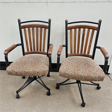 Pair of Wood & Metal Upholstered Rolling Swivel Chairs Lot 1 of 2