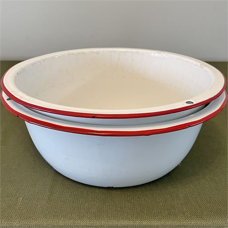 Vtg Enamelware Red Trim Mixing Bowls