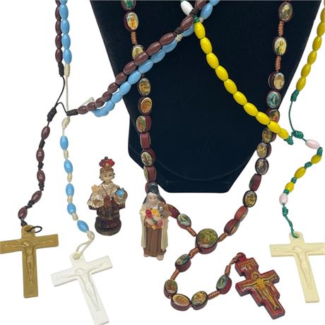 Religious Lot w/ (4) Rosaries and St. Theresa & Infant Jesus of Prague Figurines