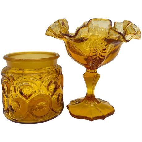 Vtg Fenton Ruffled Amber Compote & L.E. Smith Canister (No Lid)