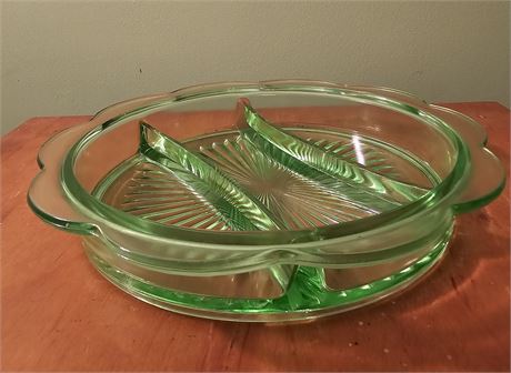 Green Uranium Indiana Glass Vintage 3 Section-Relish Dish