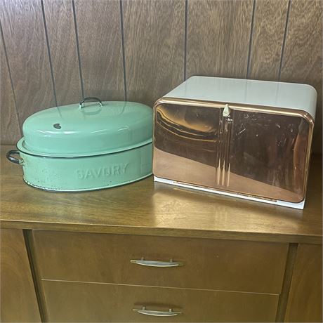 Vintage Enamelware Savory Roasting Pan and Old Metal Beauty Box