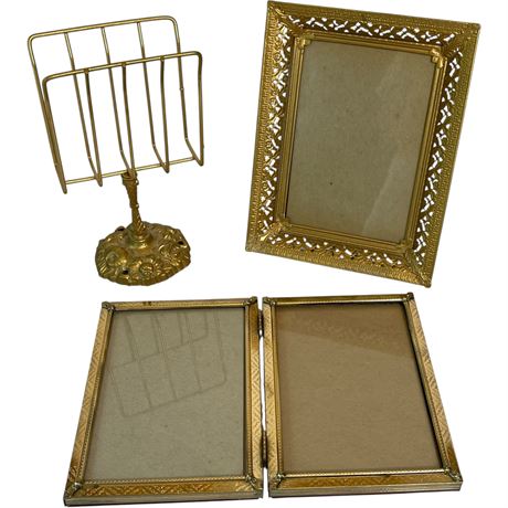 Brass Mail/Letter Holder & Gold Toned Metal Picture Frames