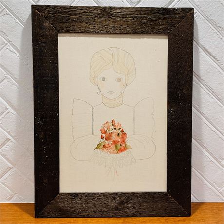 Original Watercolor and Ink on Muslin Fabric Framed