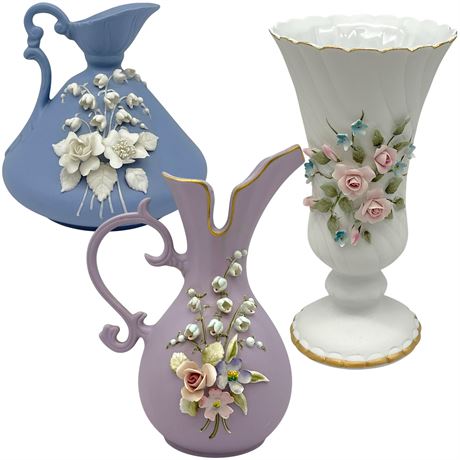 Lefton China Trio Hand Painted Vases with Raised Flowers