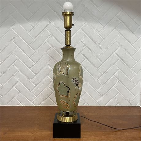 Art Nouveau Frosted Green Art Glass & Gold Leaves Lamp