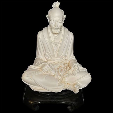 '84 Signed A. Giannelli Alabaster Japanese Warrior Sculpture on Wooden Base