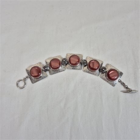 Rare Vtg Modernist Sterling Bracelet -Reddish/Orange Cabochons – c1960s