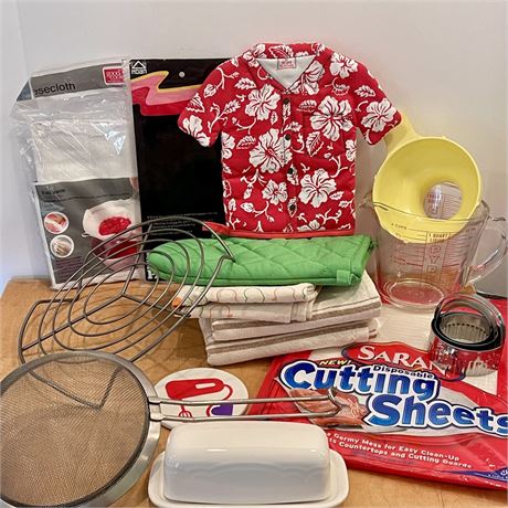 Baking Goods w/ Pyrex Measuring Cup, Hand Towels, Oven Mitts and More