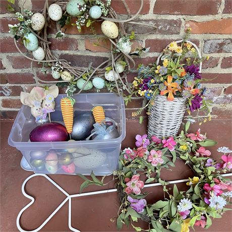 Spring Decor w/ Heart Shepherds Hook, Wreaths, Artificial Floral Basket & More