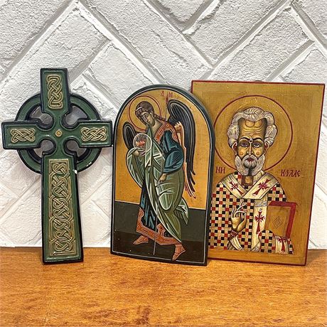 Celtic Design Cross with St. Nicholas and Archangel Gabriel Wall Hangings