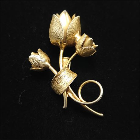 Brushed Gold Tone Triple Tulips Brooch