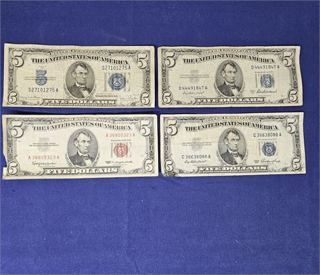 (2) 1953 & (1)1934 $5.00 Silver Certificates & (1) 1963 Red Seal Note