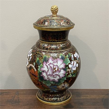 Jingfa Cloisonne 12" Floral Motif Urn Style Lidded Vase