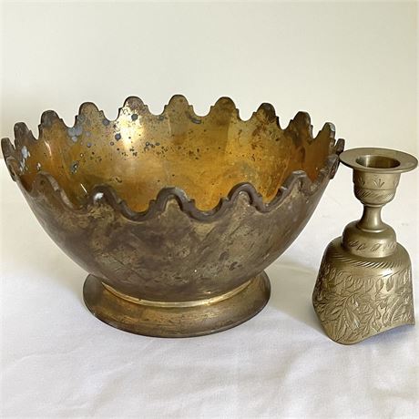 Vtg India Brass Scalloped Planter & India Brass Etched Sarna Candlestick Bell